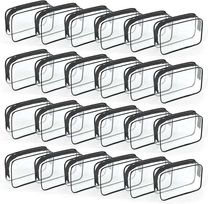 TISRATOK 24 PCS Clear Toiletry Bag for Women Men, Transparent Cosmetic Bag for Travel Makeup Organizer TSA Approved Pouch - Black,Medium
