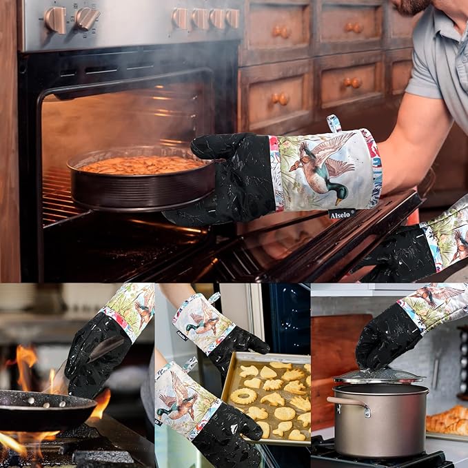 Oven Mitts, Heat Resistant with Soft Quilted Cotton Lining Set of 2, Fashion Duck Design with Silicone Printing Anti-Slip Kitchen Gloves for Safe Backing Cooking Barbecue (Darkgray, Duck)