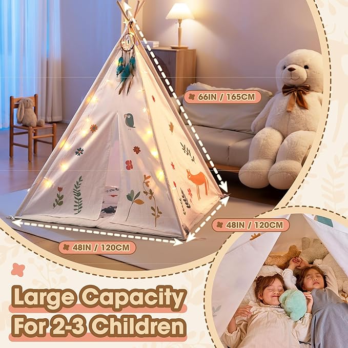 Teepee Tent for Kids with Lights, Kids Play Tent Indoor with Thicked Mat & Dream Catcher, Toddler Tent with Storage Pockets and Mesh Window for Reading Nook and Imaginative Games