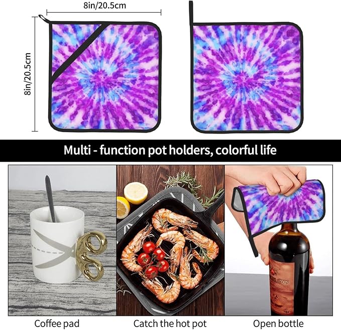 2-Pack Tie Dye Pot Holders for Kitchen Heat Resistant - Cute Quilted Potholders for Kitchens - Washable Potholder for Cooking & Baking & Microwave(Purple)