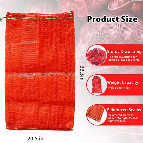 24 Pack 31'' x 20'' Mesh Onion Bags, Reusable Drawstring Fresh Produce Storage Bags for Onions, Vegetables, Potatoes, Citrus, Crawfish Firewood