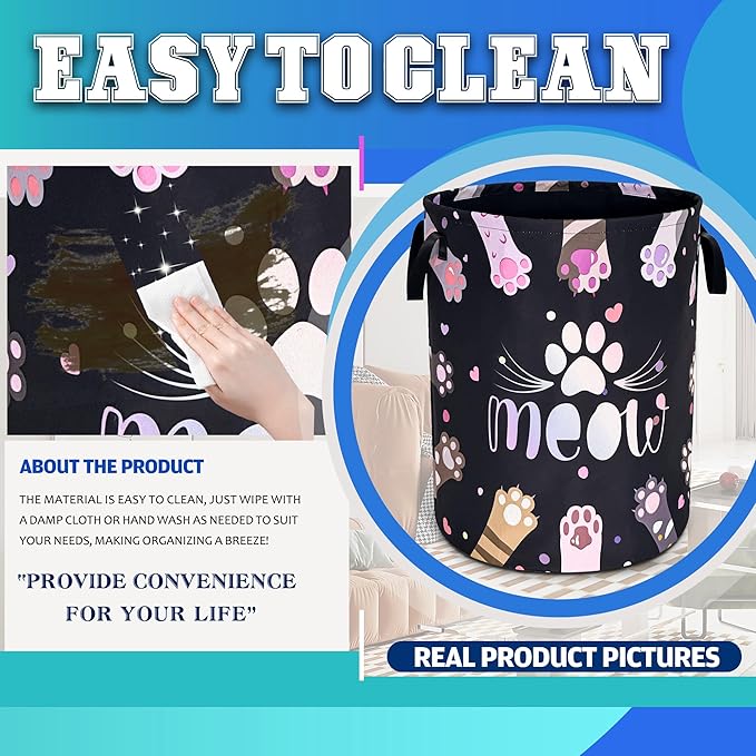 Cat Paw Prints Laundry Basket Meow Pet Oxford Cloth Laundry Hamper With Handle Foldable Portable Clothes Storage Basket 18.9 X 16.5 Inch Storage Bag For Laundry Room/Bathroom/Bedroom/Dormitories