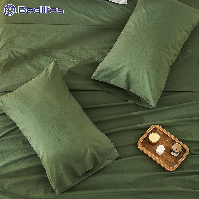 Bedlifes 100% French Pure Linen Sheets California King Size Breathable and Cooling Flax Sheet Set Soft Durable and Moisture Wicking 16 Inch Deep Pocket-4 Piece(Cal King,Forest Green)