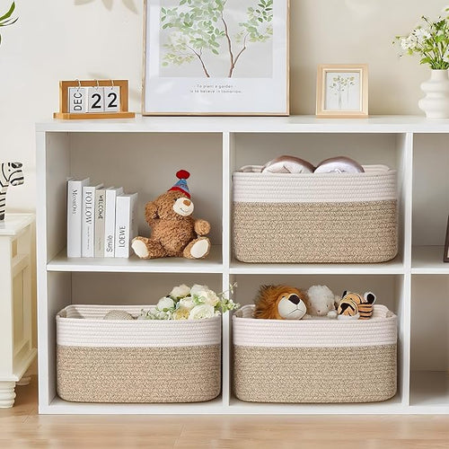 3 Pack Large Storage Basket for Organizing, 17.5"x13.5"x7.5" Woven Basket for Shelves, Closet Cube Storage Bins with Wrapped Handle, Cotton Rope Baskets for Kitchen, Clothes, Toys(Off White & Brown)
