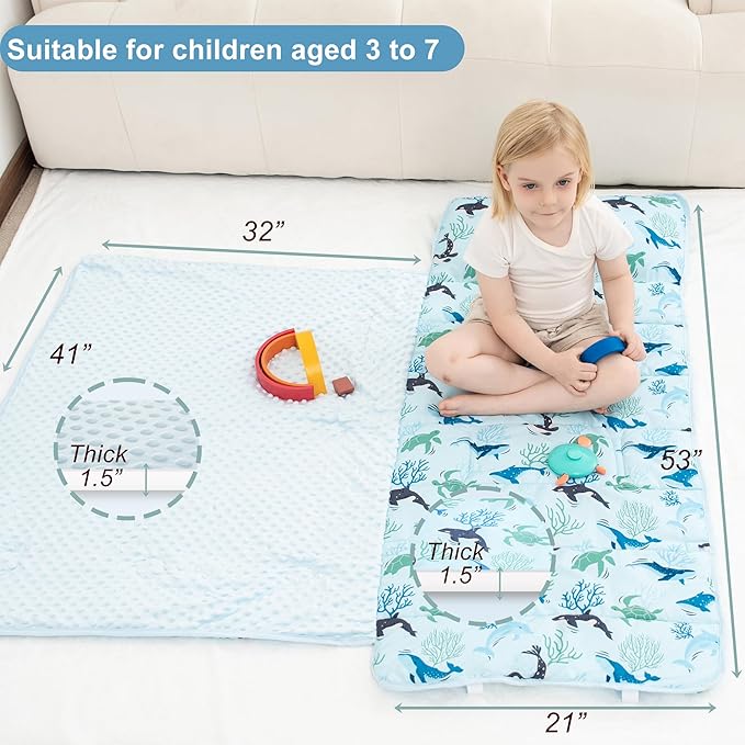 Viviland Toddler Nap Mat, Rolled Sleeping Mats with Pillow and Minky Dot Blanket for Girls Boys, Kids Slumber Bags/Nap Mat for Preschool, Daycare, Kindergarten, Travel Camping - Blue Ocean Whales