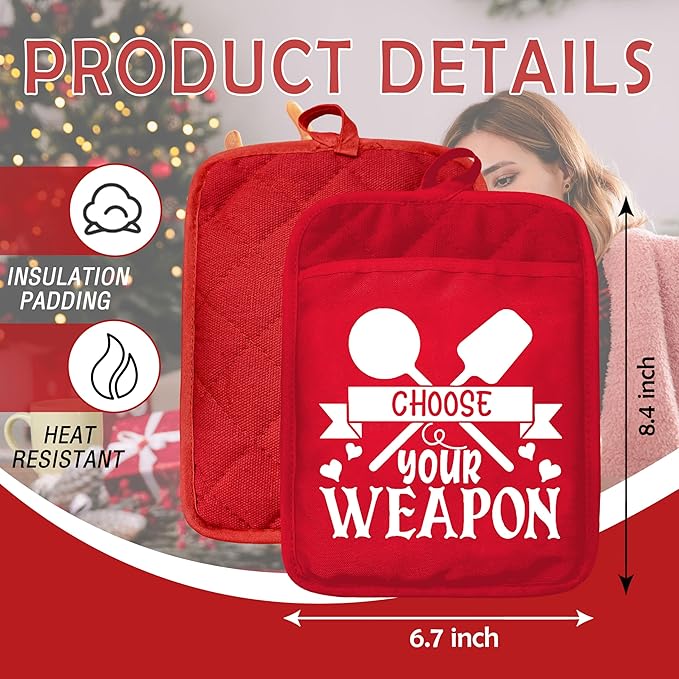 Funny Christmas Kitchen Pot Holders with Pockets, Choose Your Weapon Red Holiday Christmas Oven Pot Holders Heat Resistant Oven Mitts Hot Pads for Kitchen Baking Cooking