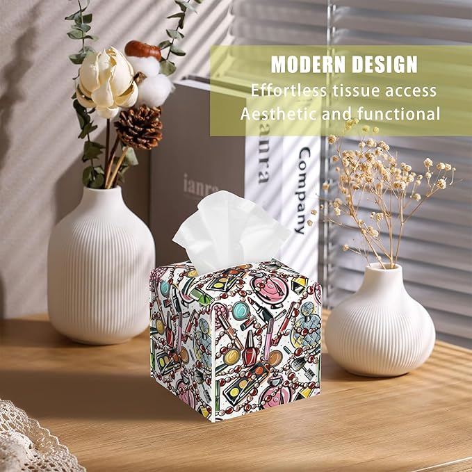 BLYKVGHQ Scattered Cosmetics Tissue Box Cover Square, Perfume and Lipstick Tissue Box Holder with Bottom Belt Leather Facial Paper Organizer Dispenser for Bathroom Bedroom Dresser Night Stand Tabletop