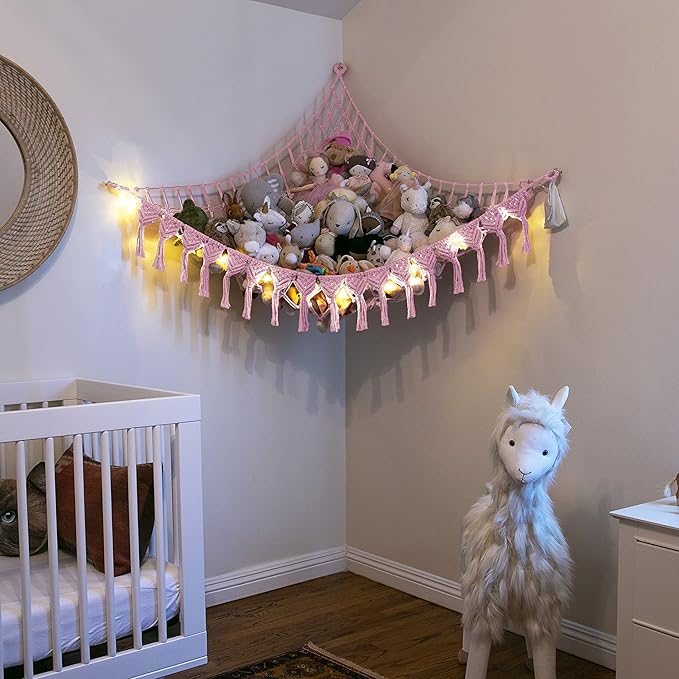 Abby Baby Extra Large Stuffed Animal Storage Hammock Corner with LED Lights – 25LB Capacity Hanging Toy Net for Small or Large Plushies, Boho Macrame Squishmallow, Plush Net, Pink