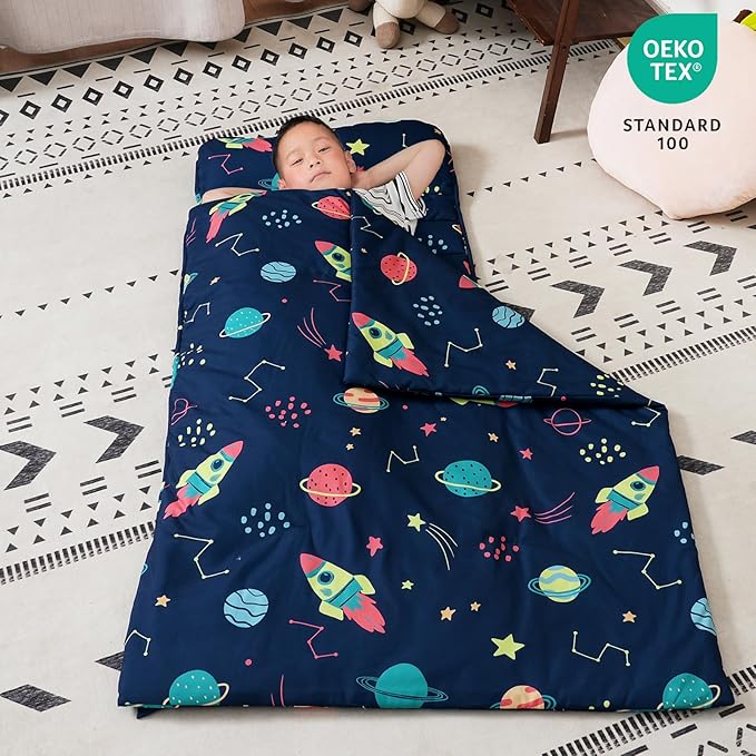 david's kids Toddler Nap Mat Set with Removable Pillow, Ultra Soft Slumber Bags for Boys Girls，Perfect for Preschool, Daycare, Kids Sleeping Bags with Rollup Design, 50"x20", Space & Star