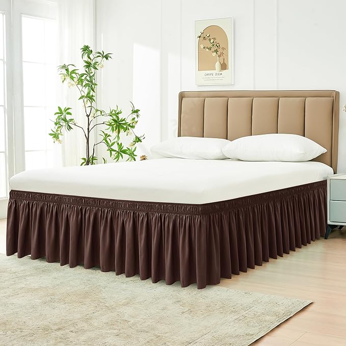 Biscaynebay Wrap Around Bed Skirts for Twin & Twin XL Beds 15" Drop, Brown Adjustable Elastic Dust Ruffles Easy Fit Wrinkle & Fade Resistant Silky Luxurious Fabric Machine Washable