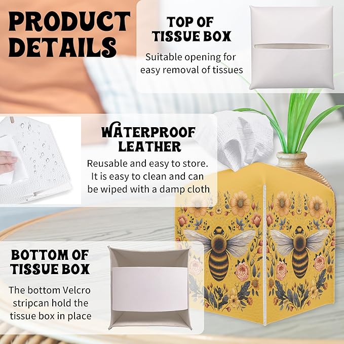 Floral Bee Square Tissue Box Holder Cover, Tissue Cube Box Organizer for Bathroom, Living Room, Office, Countertop, Car, Night Stands, Modern Home Desk Tabletop Decor - A03