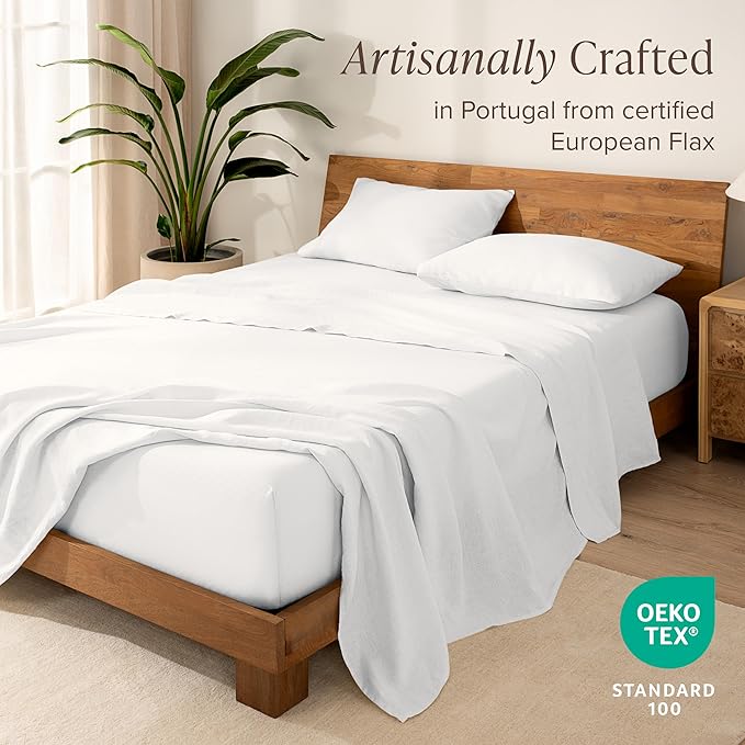 Bare Home Split King Sheet Set - Luxury 100% Linen Bed Sheets - Deep Pockets - Easy Fit - 5 Piece Set - Bedding Sheets & Pillowcases (Split King, Soft White)
