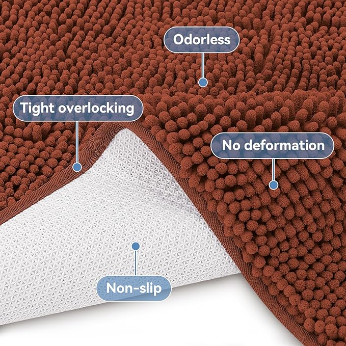 Bcoimo 36"×24" Absorbent Bath Mat, Non-Slip with Backing Chenille Bath Rug and Machine Washable Bathroom Mat Quick-Dry Design. Ideal for Bathroom and Tub Areas