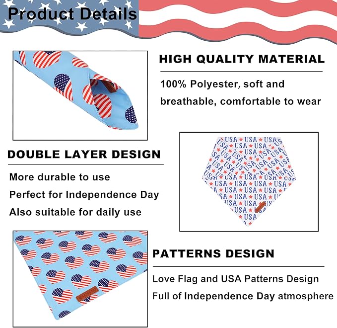 ADOGGYGO 4th of July Dog Bandanas, American Flag Pet Scarf, Multi Size Offered, White Blue Flag Bandana for Extra Large Dogs Pets (X-Large)