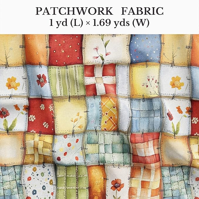 Patchwork Cotton Fabric Panel 61 x 36.6 Inches, Floral Quilt Style Squares, Soft Multicolor Design, 100% Cotton 140 GSM, Sewing Quilting Fabric