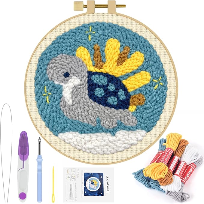 ERKOON Punch Needle Kit Adults Beginners, DIY Easy Sea Animals Embroidery Set for Starter Art Craft, Needling Punch Project with Patterns, Tools, Yarns, Hoop, Instruction (Turtle)