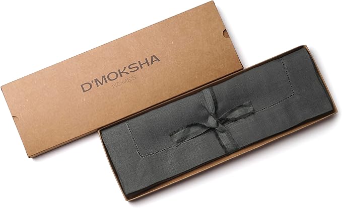 D'Moksha Homes Linen Placemats Set of 6 - Classic Hemstitch Charcoal Grey Placemats 14 x 19 Inch - 100% Pure Linen Table Mats for Spring, Easter - Handcrafted and Machine Washable