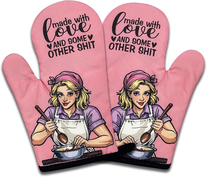 2 Pack Funny Baking Oven Mitts, Made with Love and Some Other Shit, Vintage Lady Heat Resistant Non-Slip Mitts, Humorous Bake Lovers Gifts, Housewarming Gifts for Women Hostess Chef Friend