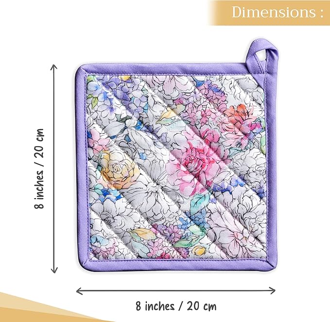 Maison d' Hermine Pot Holders Set 100% Cotton Heat Resistant Potholders 8" x 8" Hot Pads with Loop BBQ, Cooking, Baking, Grilling, Kitchen, Handling Hot Pans Spring/Summer (Pack of 2, Floral Love)