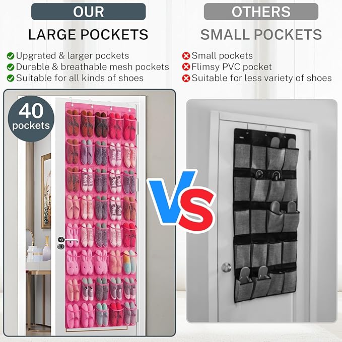 Hualleko 40-Pocket Over the Door Shoe Organizer - Large Mesh Pocket Hanging Shoe Organizer,Behind the Door Shoes Storage Holder Hanger