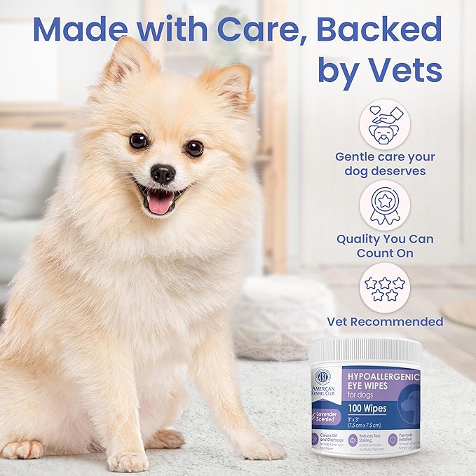 American Kennel Club Pet Eye Wipes for Dogs & Cats – Tear Stain Remover & Eye Discharge Cleaner – Hypoallergenic Grooming Wipes, 100 Count (Lavender Scent)