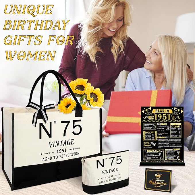 YeohJoy 75th Birthday Gifts for Women Canvas Tote Bag Travel Gear, Unique 75 Years Old Gifts for Wife Mom Sister Aunt Friends Her, Vintage N°75 Handbag & Cosmetic Bag & Back in 1951 Poster