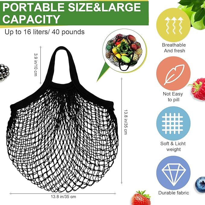 Paterr 50 Pack Cotton Mesh Produce Bags Bulk Reusable Market Bag Washable Net Grocery Purse String Shopping Tote Beach Organizer for Vegetable Fruit Picnic Food Storage (Short Handle,Beige and Black)