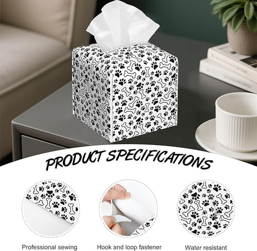 Animal Paws Tissue Box Cover,Dog Bones PU Leather Tissue Box Holder Square,Modern Home Decoration for Bathroom Living Room Kitchen Office Car,5.2"×5.2"×5.2"