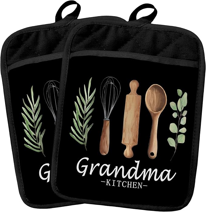 Grandma Kitchen Gifts Pot Holders 2 Pack Set, Grandma Baking Cooking Gifts, Gift for Grandmother Heat Resistant Oven Hot Pads for Kitchen Countertop Baking