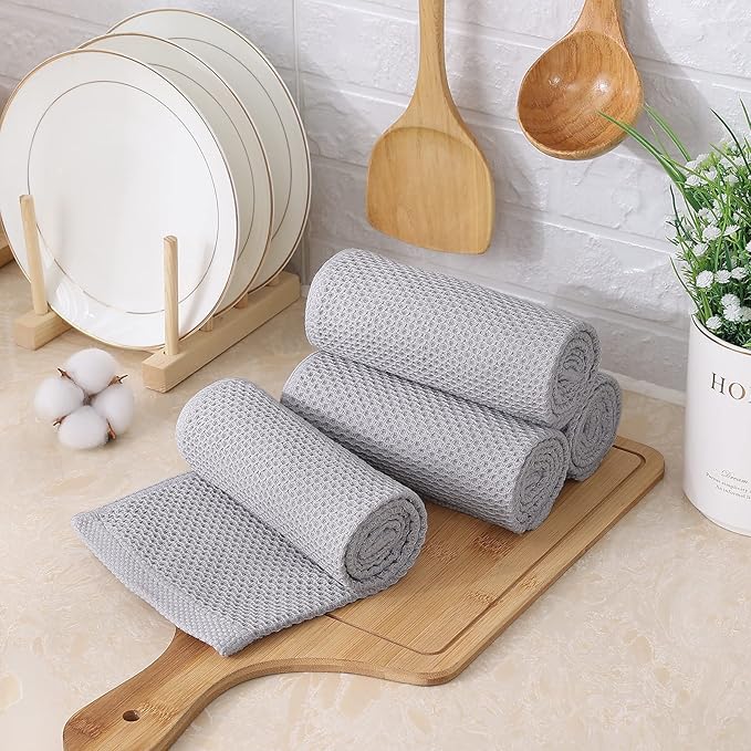 Kitinjoy 100% Cotton Waffle Weave Kitchen Towels, 8-Pack Super Soft and Absorbent Dish Towels for Drying Dishes, Kitchen Hand Towels, 13 in x 28 in, Light Grey