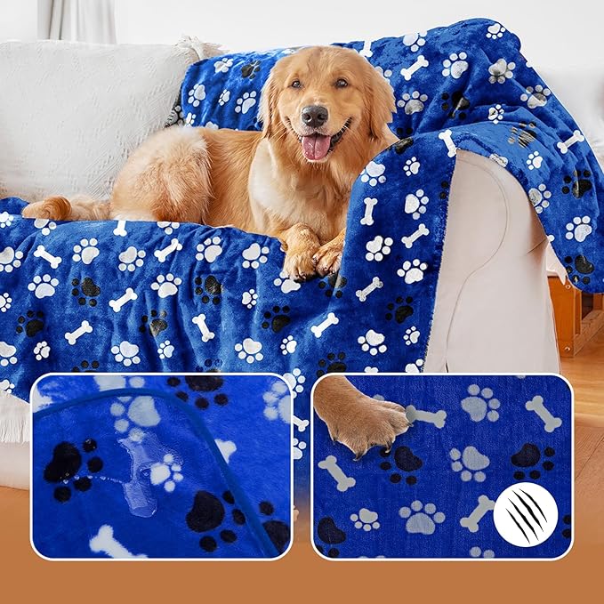 AIWEK Dog Blanket Paw Bone Pattern 1 Pack 2 Super Soft Warm Flannel Sofa Cover Car Bed Protector, Urine Proof Washable Outdoor Pet Blanket for Puppy Large Dogs & Cats,60"*50" Blue