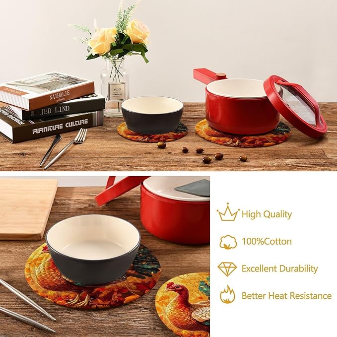 Thanksgiving Turkey and Autumn Leaves Trivets for Hot Dishes Pots and Pans Potholders Woven Trivet Cotton Round Large Pot Holder Decor Heat Resistant Hot Pads Mat for Table Counter Cooking Poth