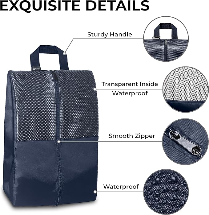 HANOZI Shoe Bags For Travel, Used As For Storage or Shoe Travel Bag, Space Saving When Travelling With This Travel Shoe Bags For Packing, Featuring Waterproof Nylon Sneaker Bag. (Navy, 2 Pack, Large)