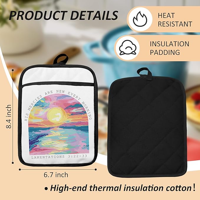 Inspirational Boho Christian Pot Holders for Kitchen, Bible Verse Gifts, His Mercies are New Every Morning Religious Heat Resistant Hot Pads and Oven Mitts for Baking Cooking