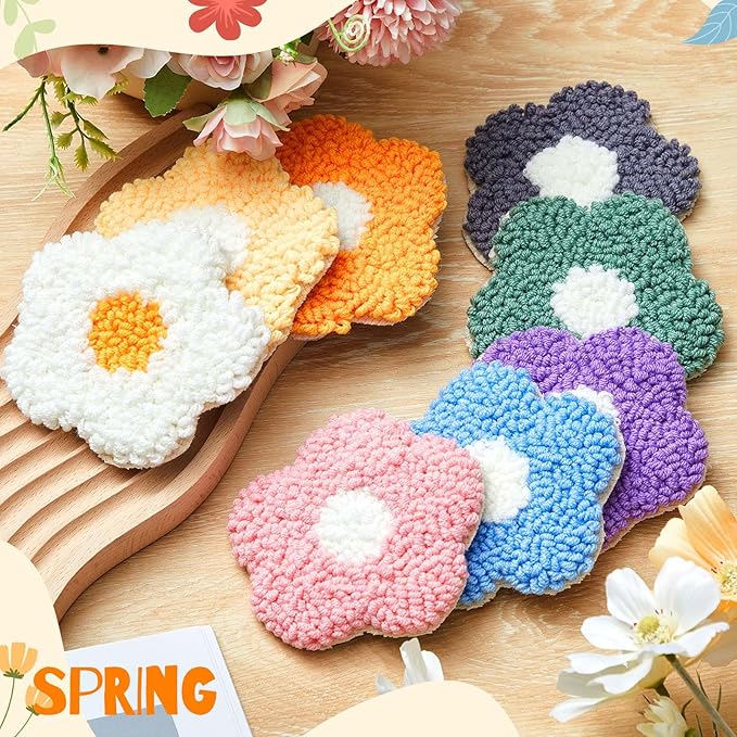 Preboun 8 Pcs Flower Punch Needle Coaster Kit, Punch Needle Embroidery Kit for Adults Beginners, DIY Supplies Tufted Coasters Including Yarns Hoop Tools
