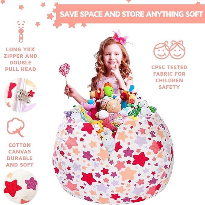 WEKAPO Stuffed Animal Storage Bean Bag Chair Cover for Kids | Stuffable Zipper Beanbag for Organizing Children Plush Toys Large Premium Cotton Canvas (Large Star, X-Large)