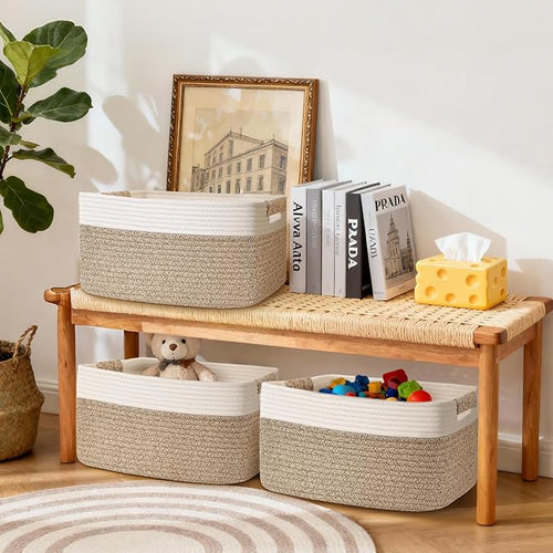 4 Pack Large Storage Basket for Organizing, 17.5"x13.5"x7.5" Woven Basket for Shelves, Closet Cube Storage Bins with Wrapped Handle, Cotton Rope Baskets for Kitchen, Clothes, Toys(Off White & Brown)