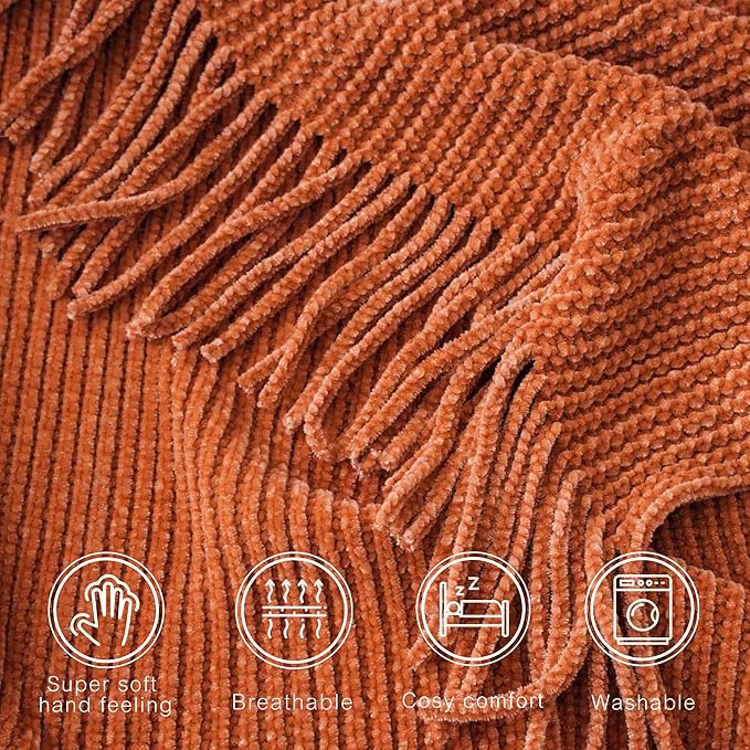 BATTILO HOME Rust Orange Throw Blanket for Couch, Soft Chenille Knit Throws with Tassels for Home Decor, Fall Caramel Throws for Couch Cover, 60"x80"