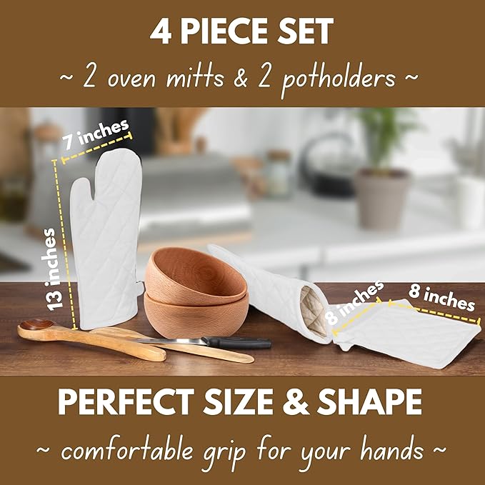 Native Fab 4 Piece Set - 2 Oven Mitts & 2 Potholders, Heat Resistant, 100% Cotton, Quilted Design, Non-Slip Grip, Machine Washable, Ideal for Baking, Cooking, BBQ, Kitchen Protection - White