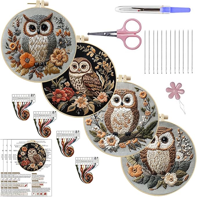 QBQBQ Owl Embroidery Kit - 8.2in, Owl Needlepoint Kits for Adults, Cross Stitch Kits for Beginners, Include Embroidery Cloth Bamboo Hoops and Step by Step Instructions, for Craft Lover Hand Stitch