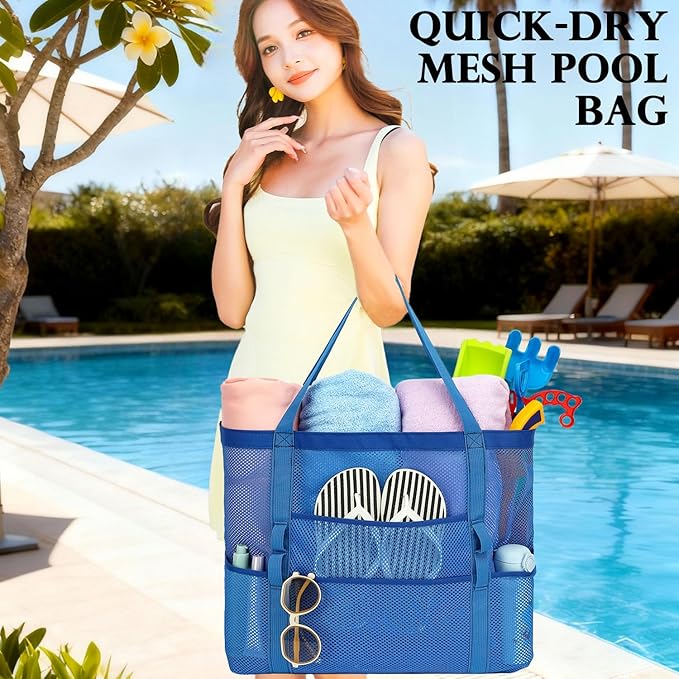 Fammart Mesh Beach Bag, Large Beach Tote with Zipper Pocket for Family Pool Bag for Toys & Vacation Essentials