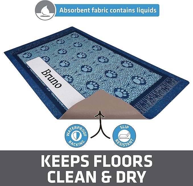 Drymate Personalized Pet Bowl Placemat, Custom Dog & Cat Food Feeding Mat - Absorbent Fabric, Waterproof Backing - Machine Washable/Durable (USA Made) (16" x 28") (Blue Paw Braid)