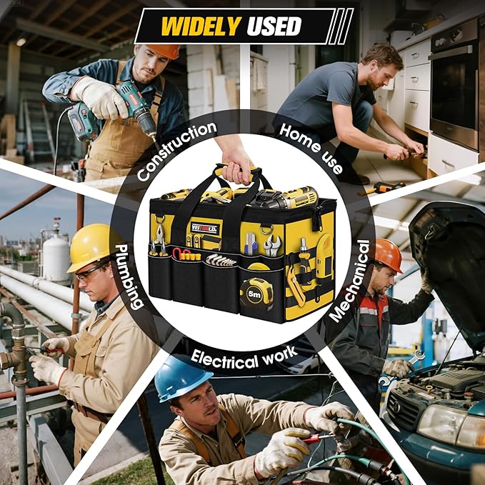 16-Inch Heavy Duty Tool Bag, 19-Pockets Tool Box Organizer, Portable Toolbag W/Soft Handle, Organized Storage, Mechanic Gifts for Him Men Husband Valentines Day, Wide Mouth Electrician Toolbox, Yellow