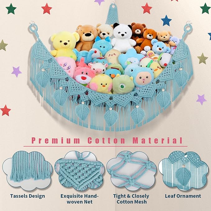 Stuffed Animal Hammock Corner - 56'' Jumbo Handcrafted 5mm Double Macrame Cord Stuffed Animal Storage Net - 100% Natural Cotton Toy Hammock Holder - Turquoise Stuffy Plushie Net w/LED Star Light