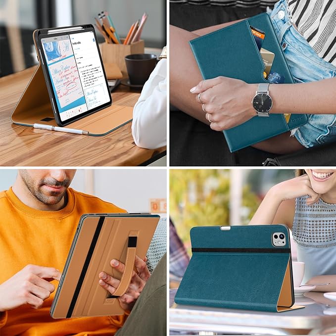 DTTO for iPad Pro 13 inch Case (M5/M4) 2025/2024, Premium Leather Business Folio Stand Cover with Pencil Holder - Auto Wake/Sleep & Multiple Viewing Angles, Built in Hand Strap & Pocket, New Teal