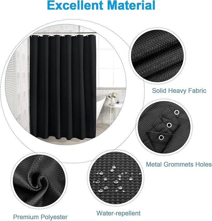 AmazerBath Waffle Shower Curtain, Stall Shower Curtain, Black Shower Curtain Fabric, Hotel Quality Bathroom Shower Curtains, Heavy Duty, 36 x 72 Inches