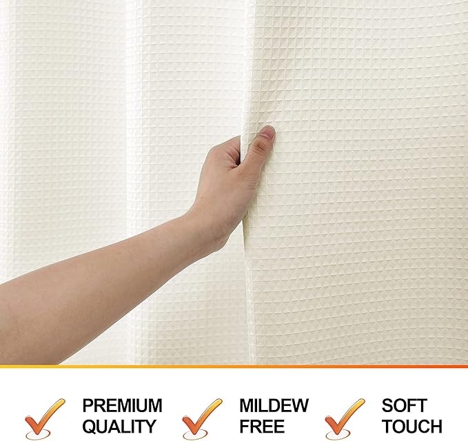 MISS SELECTEX Machine Washable Cloth Shower Curtain, Matt Waffle Durable Thick Cloth Shower Curtain for Bathroom,Premium Water Repellent Fabric Luxury Spa Hotel Shower Curtain(72Wx84H,Ecru/Beige)