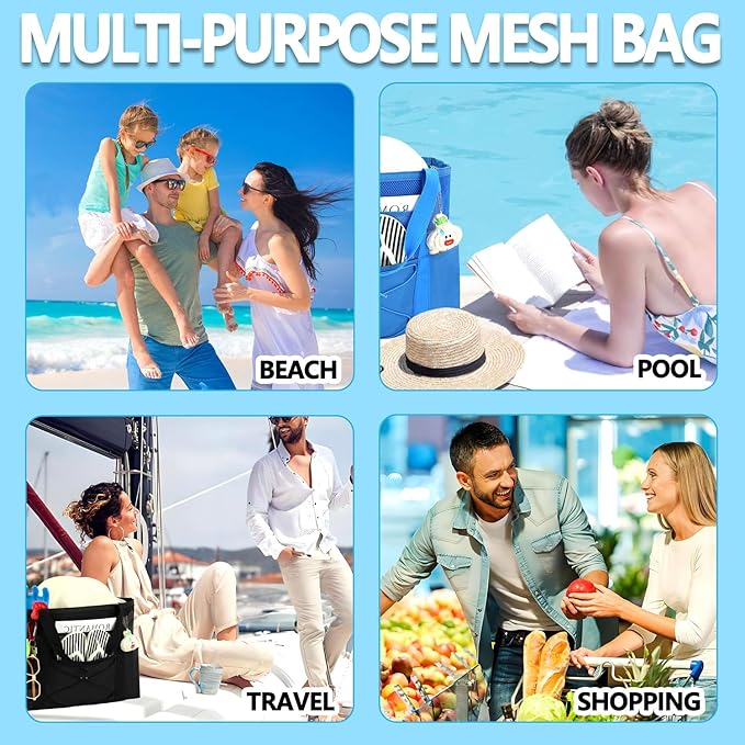 Fammart Mesh Beach Bag, Large Beach Tote with Zipper Pocket for Family Pool Bag for Toys & Vacation Essentials