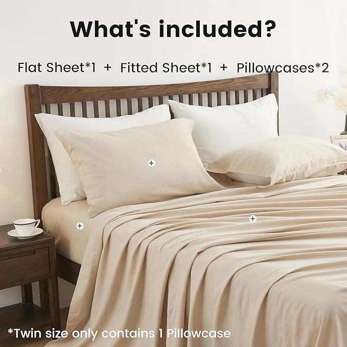 Simple&Opulence Belgian Linen Sheet Set Solid Color - 4 Pieces (1 Flat Sheet, 1 Fitted Sheet & 2 Pillowcases) Natural Flax Cotton Blend Soft Breathable Farmhouse Bedding - Queen Size, Linen/Beige