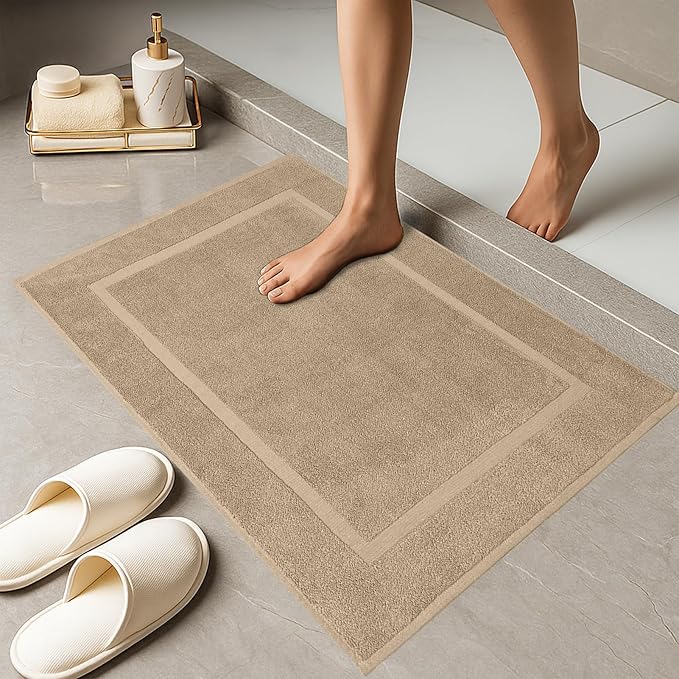 RIVERSIDE Bath Mat Set of 2 - Tan Bath Mats 21x34 Inches, Not a Bathroom Rug, 100% Ring Spun Cotton, Super Soft & Highly Absorbent Bathroom Floor Mats